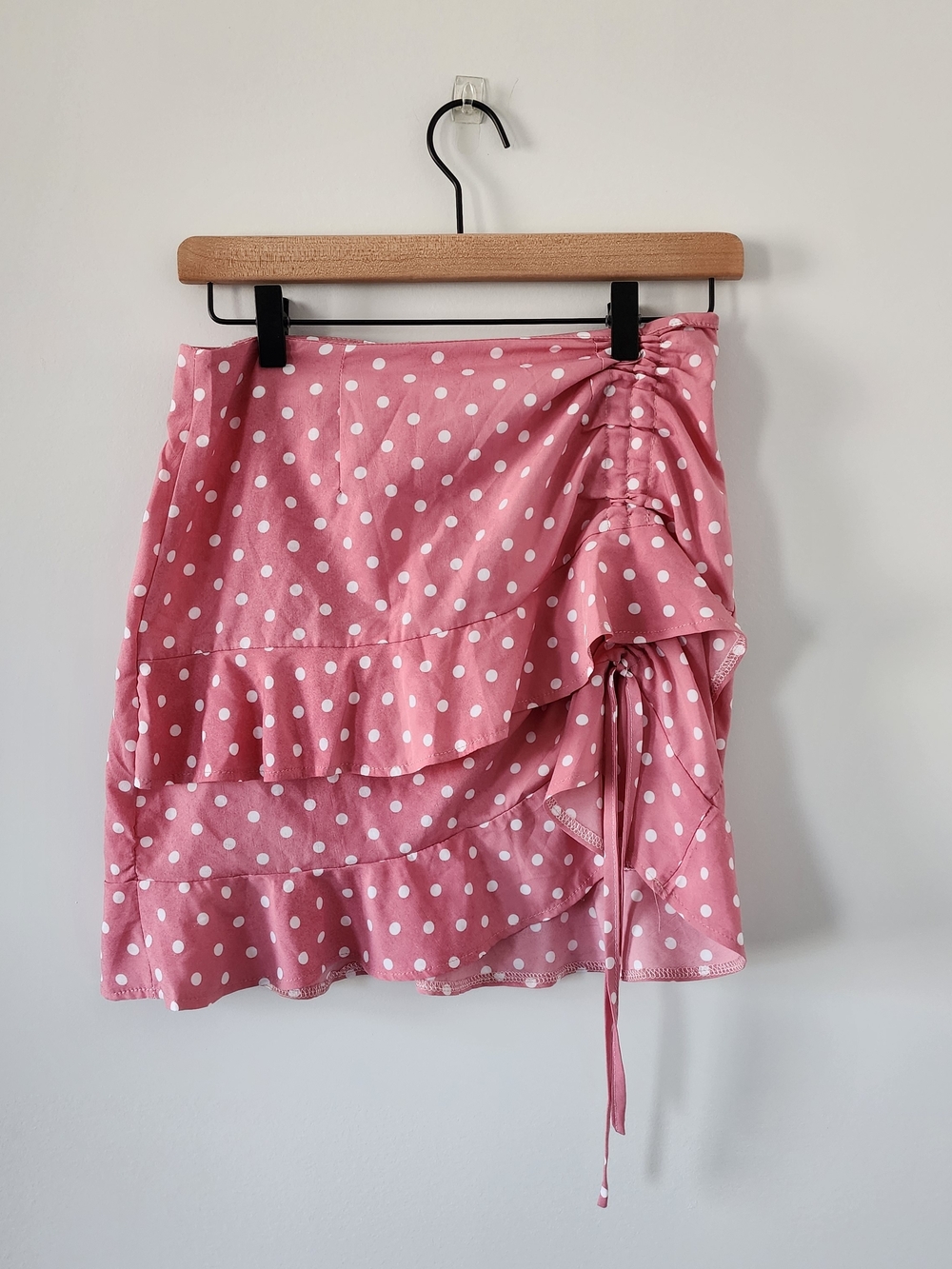 Pink Polka Dot Ruched Ruffle Mini Skirt Small Coquette Barbiecore Y2K